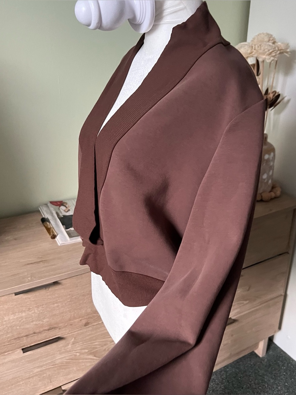 Brown V-Neck Plunge Shrug Style Long-sleeve Cozy Sweater Sweatshirt Loungewear L - Picture 5 of 16